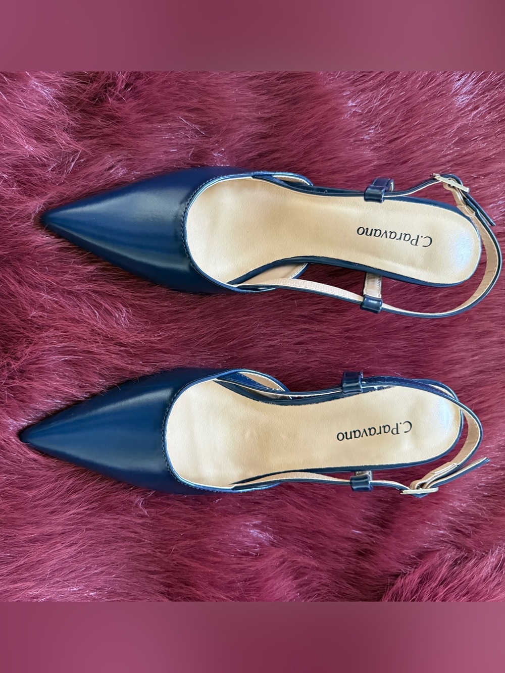 C. Paravano Navy Pointed Toe Slingback Pumps Kitten Heels Size 36 NWOB. - Picture 3 of 10